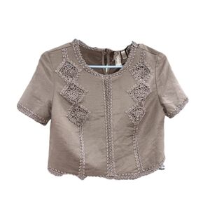NWT Vintage-Look Tan Faux Suede Crop Top Crochet Lace Short Sleeves Size 14